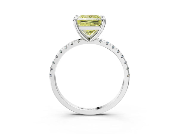 White gold Fancy Yellow Princess Cut Diamond Brilliant Solitaire Ring with Pavé Band and Four-Prong Setting
