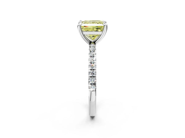 White gold Fancy Yellow Princess Cut Diamond Brilliant Solitaire Ring with Pavé Band and Four-Prong Setting