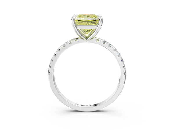 White gold Fancy Yellow Princess Cut Diamond Brilliant Solitaire Ring with Pavé Band and Four-Prong Setting