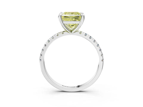 White gold Fancy Yellow Princess Cut Diamond Brilliant Solitaire Ring with Pavé Band and Four-Prong Setting_3