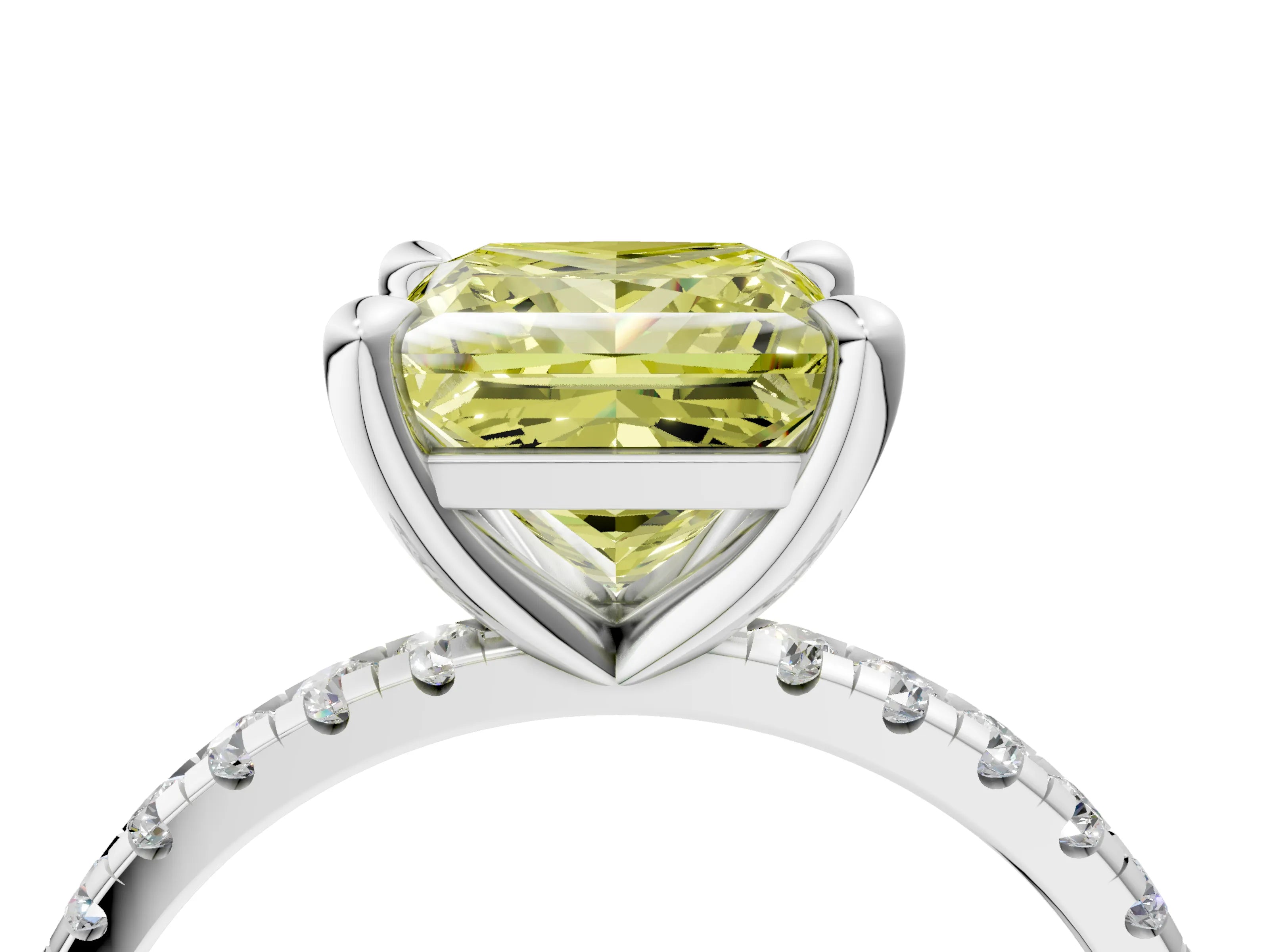 White gold Fancy Yellow Princess Cut Diamond Brilliant Solitaire Ring with Pavé Band and Four-Prong Setting_4