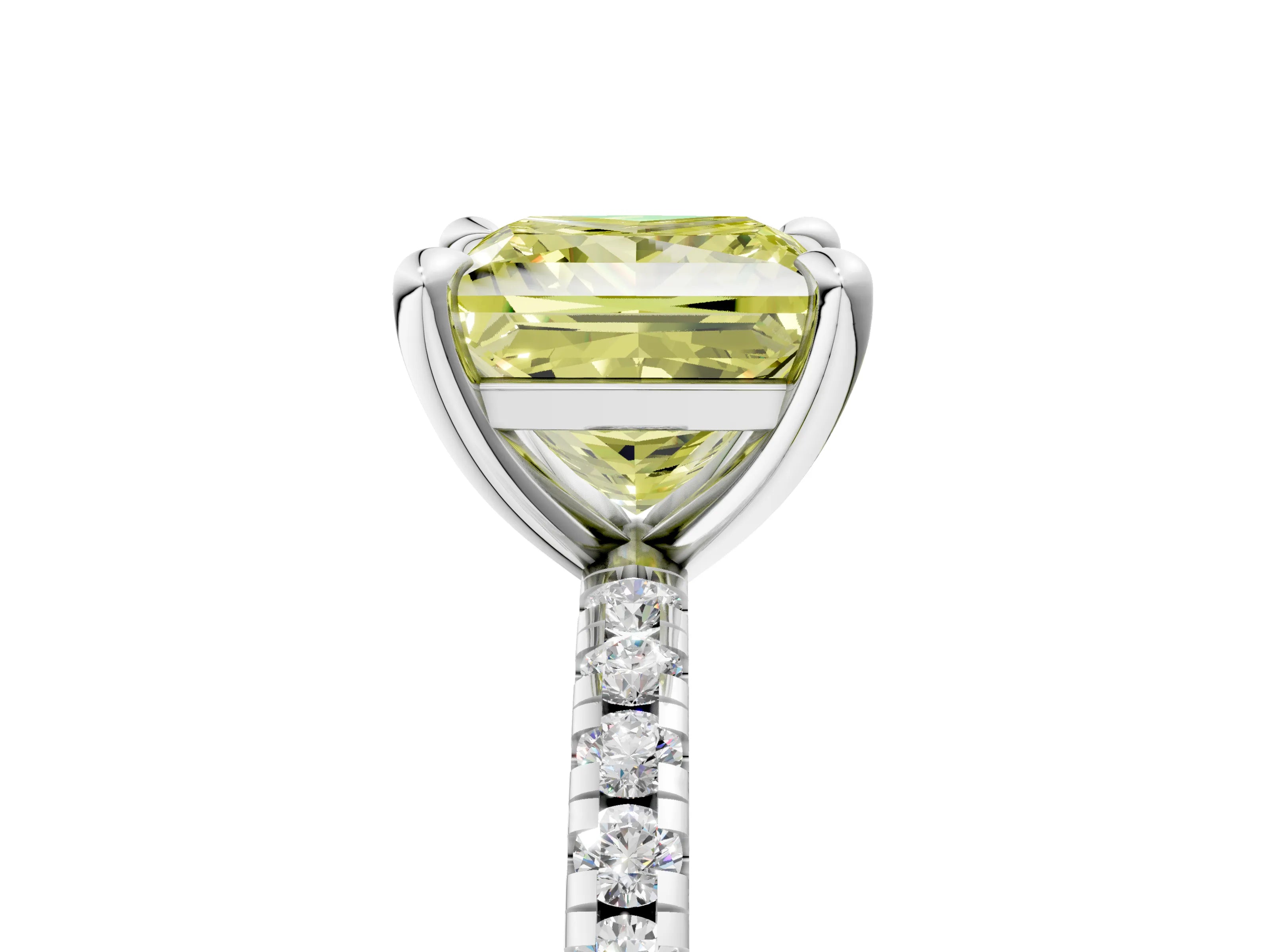 White gold Fancy Yellow Princess Cut Diamond Brilliant Solitaire Ring with Pavé Band and Four-Prong Setting_5