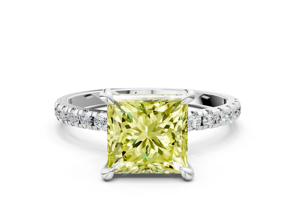 White gold Fancy Yellow Princess Cut Diamond Brilliant Solitaire Ring with Pavé Band and Four-Prong Setting
