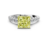 White gold Fancy Yellow Princess Cut Diamond Cathedral Solitaire Ring with Round  Pavé Band_89