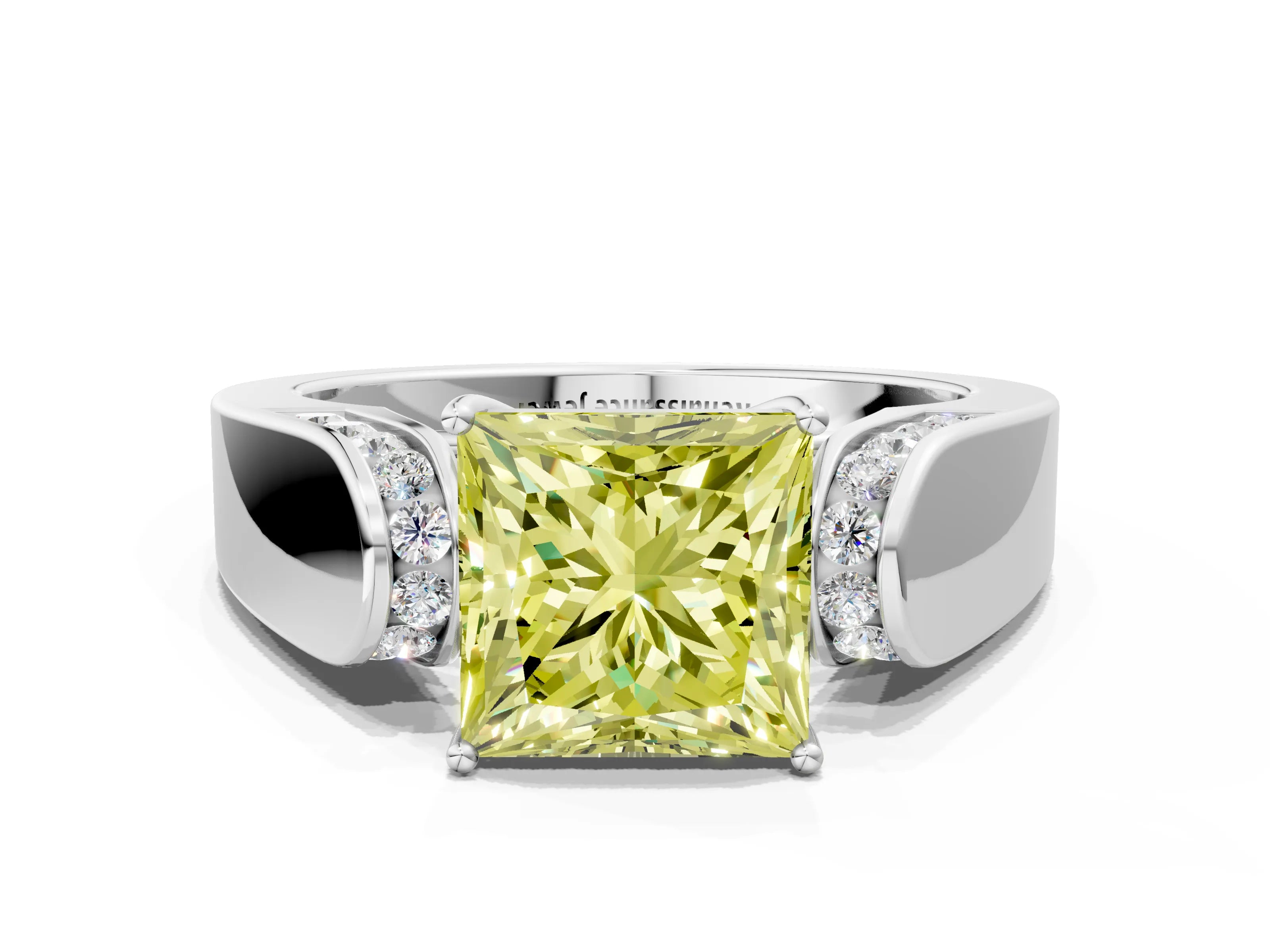 White gold Fancy Yellow Princess Cut Diamond Channel Set Solitaire Ring with Four-Prong Setting_37