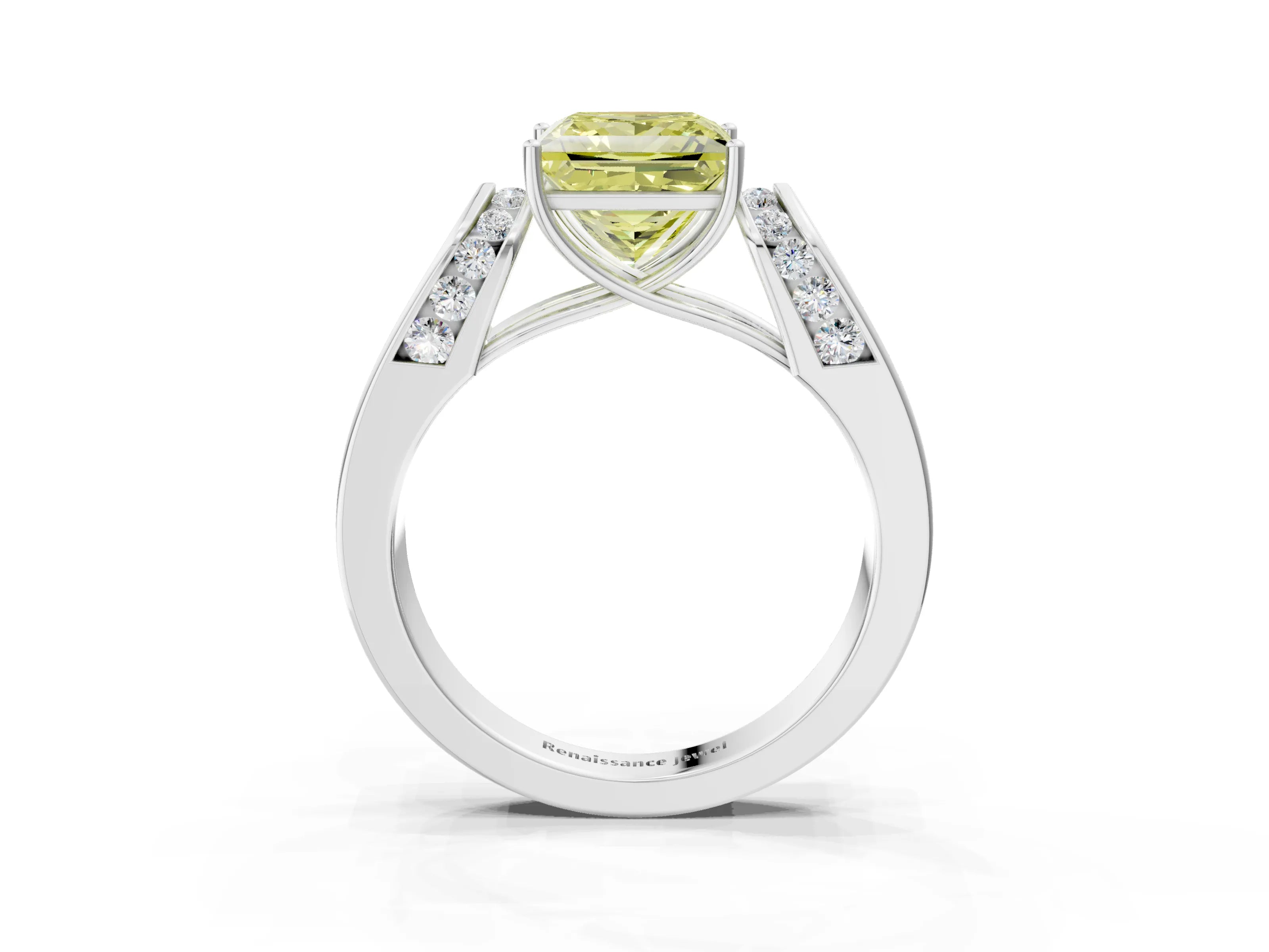White gold Fancy Yellow Princess Cut Diamond Channel Set Solitaire Ring with Four-Prong Setting_40