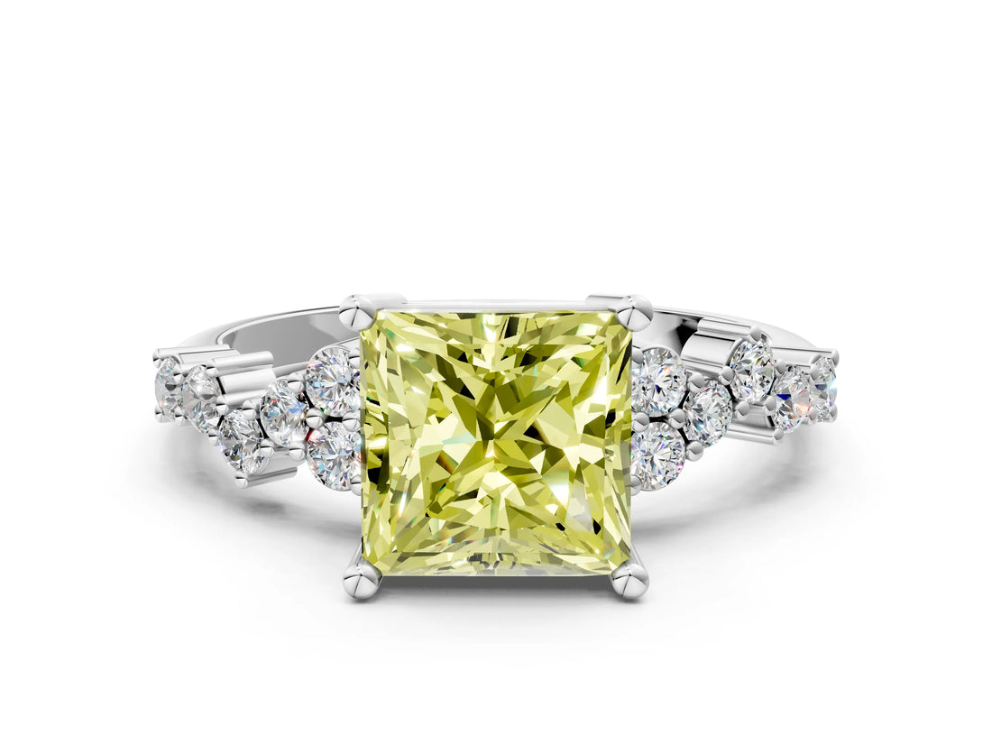 White gold Fancy Yellow Princess Cut Diamond Cluster Pavé Band with Four-Prong Setting_13