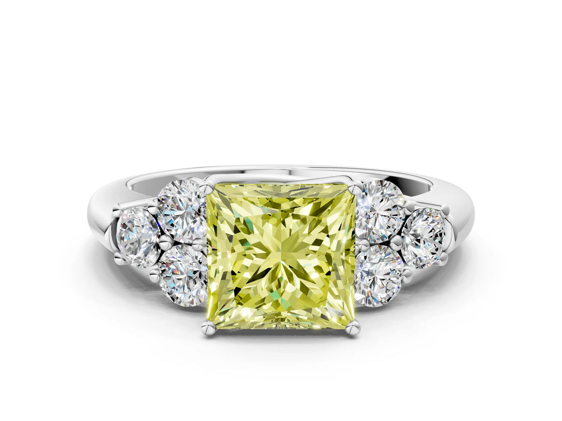 White gold Fancy Yellow Princess  Cut Diamond Cluster Ring with Round Accent Stones and Prong Setting on a Classic Band_29