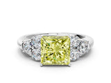 White gold Fancy Yellow Princess  Cut Diamond Cluster Ring with Round Accent Stones and Prong Setting on a Classic Band_29