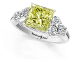 White gold Fancy Yellow Princess  Cut Diamond Cluster Ring with Round Accent Stones and Prong Setting on a Classic Band_30