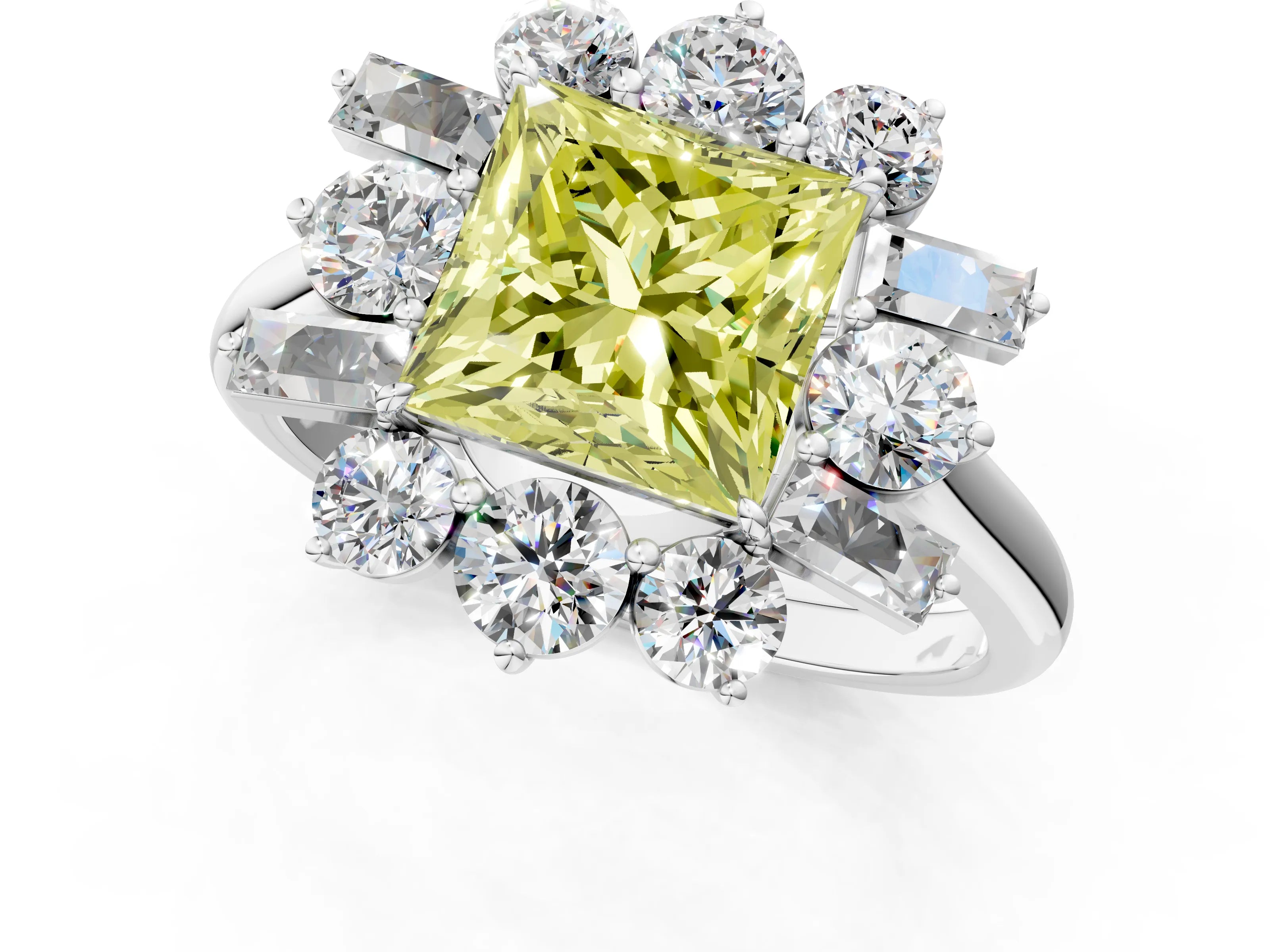 White gold Fancy Yellow Princess Cut Diamond Cluster Ring with Round and Baguette Stones, Split Shank Band, Prong Setting_13