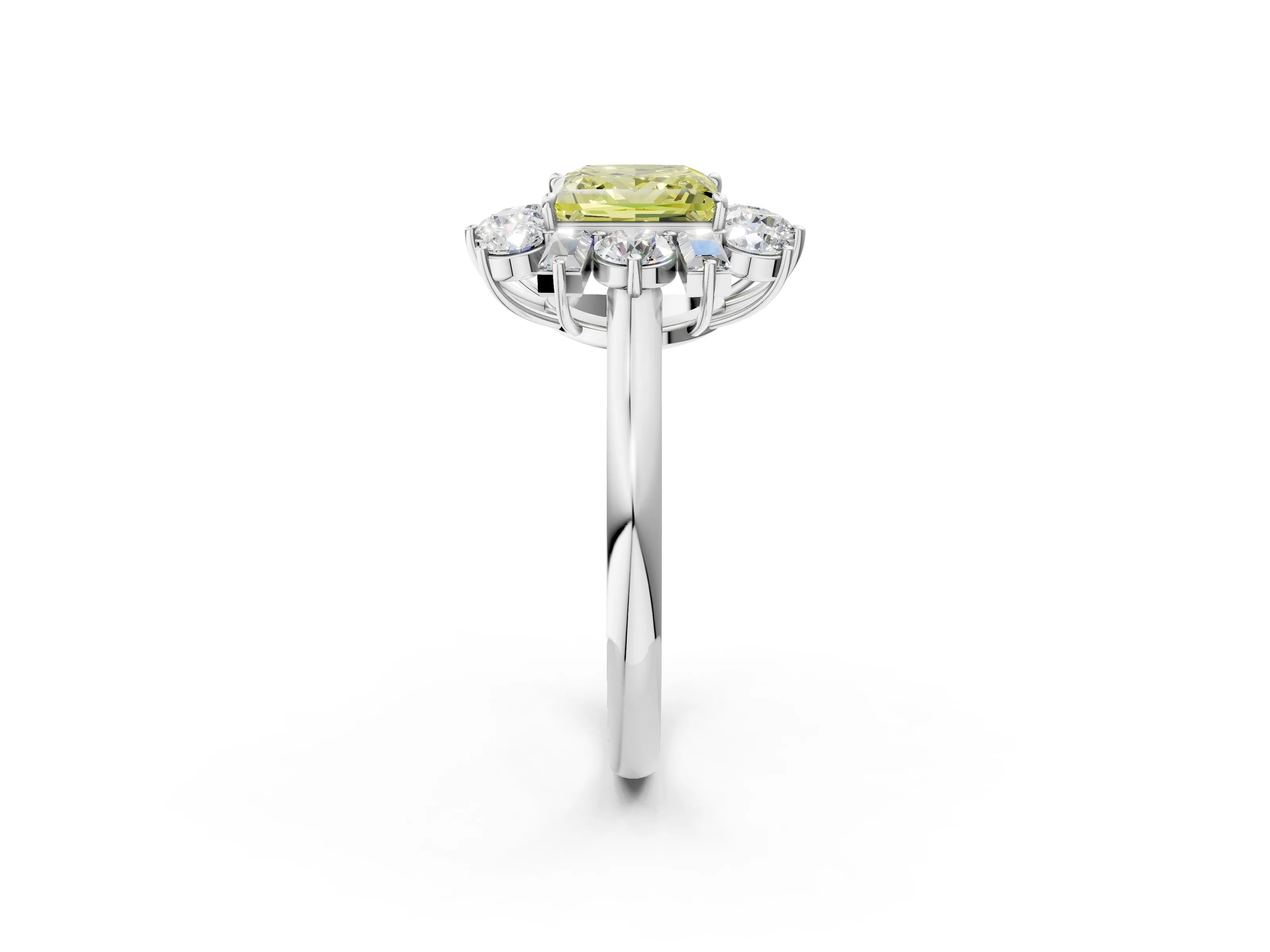 White gold Fancy Yellow Princess Cut Diamond Cluster Ring with Round and Baguette Stones, Split Shank Band, Prong Setting_14