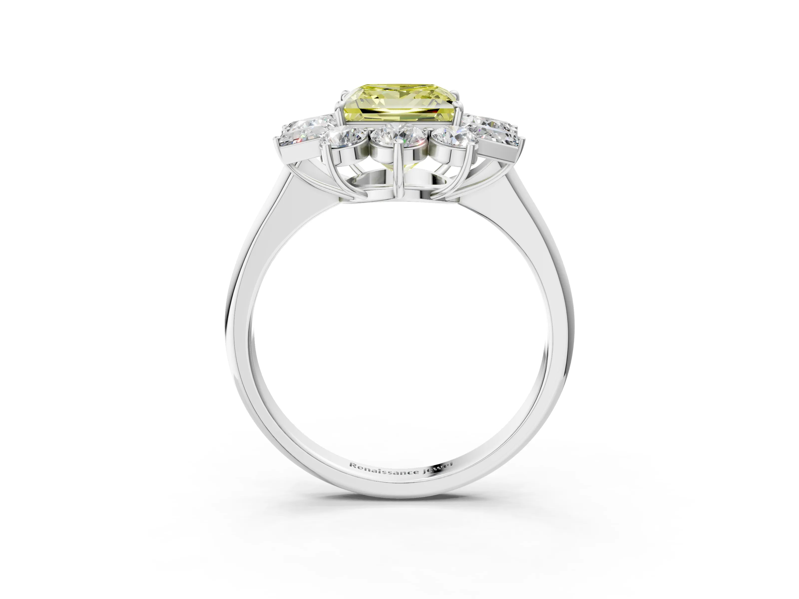 White gold Fancy Yellow Princess Cut Diamond Cluster Ring with Round and Baguette Stones, Split Shank Band, Prong Setting_15