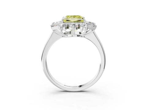 White gold Fancy Yellow Princess Cut Diamond Cluster Ring with Round and Baguette Stones, Split Shank Band, Prong Setting_15