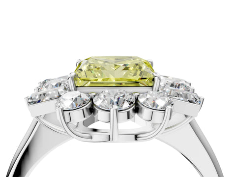 White gold Fancy Yellow Princess Cut Diamond Cluster Ring with Round and Baguette Stones, Split Shank Band, Prong Setting_16