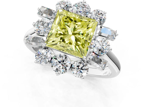 White gold Fancy Yellow Princess Cut Diamond Cluster Ring with Round and Baguette Stones, Split Shank Band, Prong Setting_1