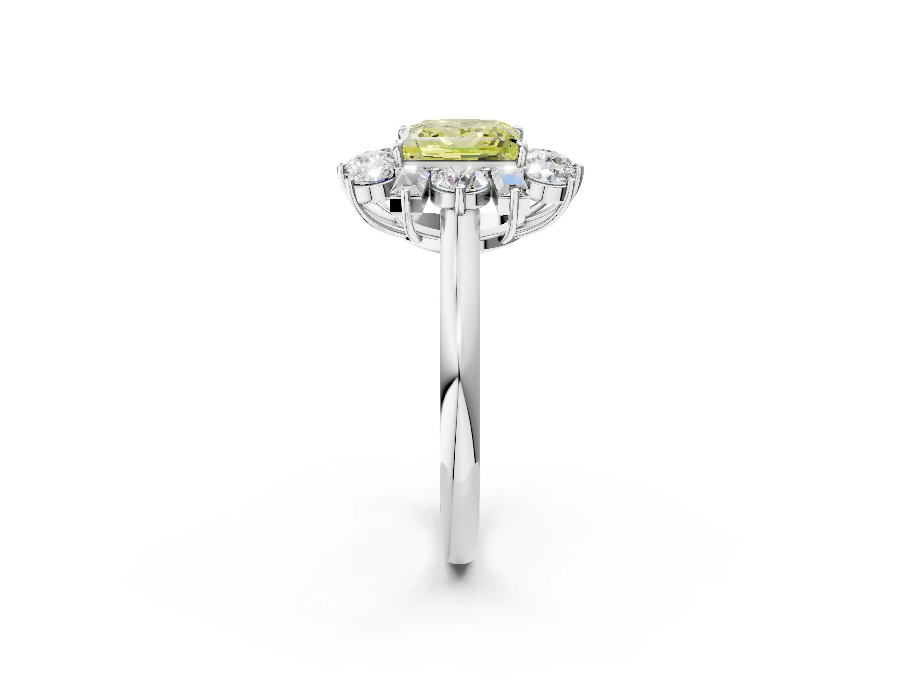 White gold Fancy Yellow Princess Cut Diamond Cluster Ring with Round and Baguette Stones, Split Shank Band, Prong Setting_2