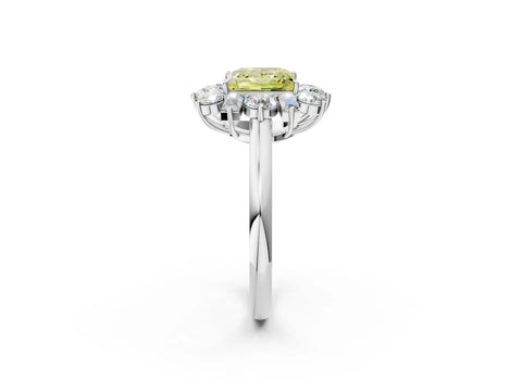 White gold Fancy Yellow Princess Cut Diamond Cluster Ring with Round and Baguette Stones, Split Shank Band, Prong Setting_2
