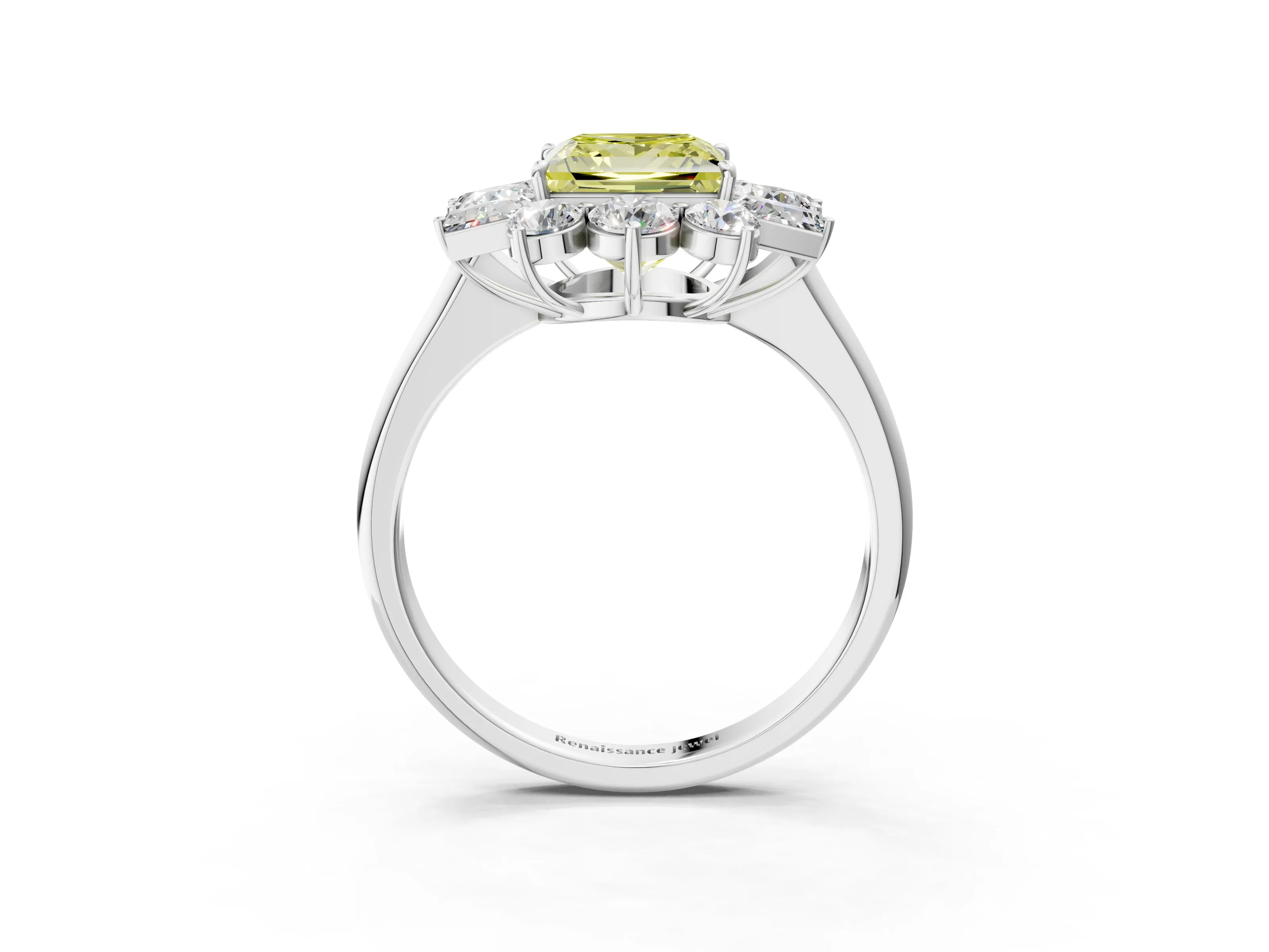 White gold Fancy Yellow Princess Cut Diamond Cluster Ring with Round and Baguette Stones, Split Shank Band, Prong Setting_3