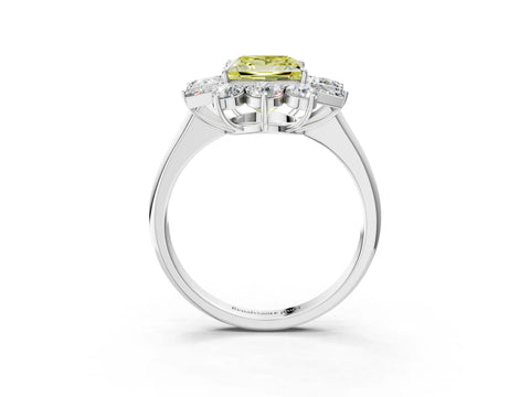 White gold Fancy Yellow Princess Cut Diamond Cluster Ring with Round and Baguette Stones, Split Shank Band, Prong Setting_3