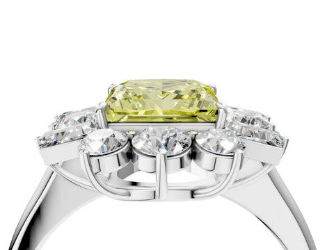 White gold Fancy Yellow Princess Cut Diamond Cluster Ring with Round and Baguette Stones, Split Shank Band, Prong Setting_4