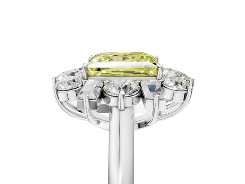 White gold Fancy Yellow Princess Cut Diamond Cluster Ring with Round and Baguette Stones, Split Shank Band, Prong Setting_5