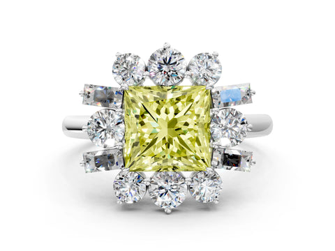 White gold Fancy Yellow Princess Cut Diamond Cluster Ring with Round and Baguette Stones, Split Shank Band, Prong Setting