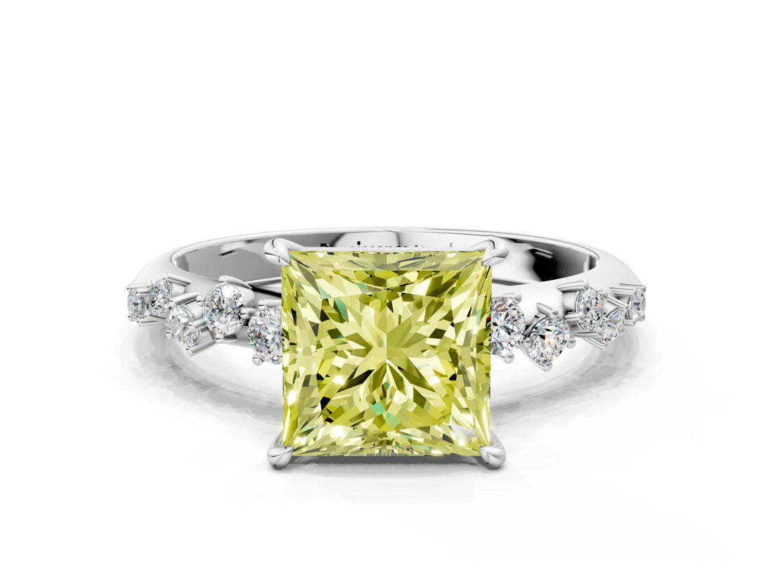 White gold Fancy Yellow Princess Cut Diamond Cluster Side Stone Solitaire Ring with Prong Setting_53
