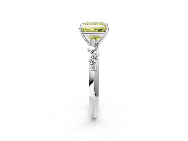 Platinum Fancy Yellow Princess Cut Diamond Cluster Side Stone Solitaire Ring with Prong Setting