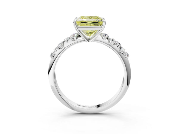 Platinum Fancy Yellow Princess Cut Diamond Cluster Side Stone Solitaire Ring with Prong Setting