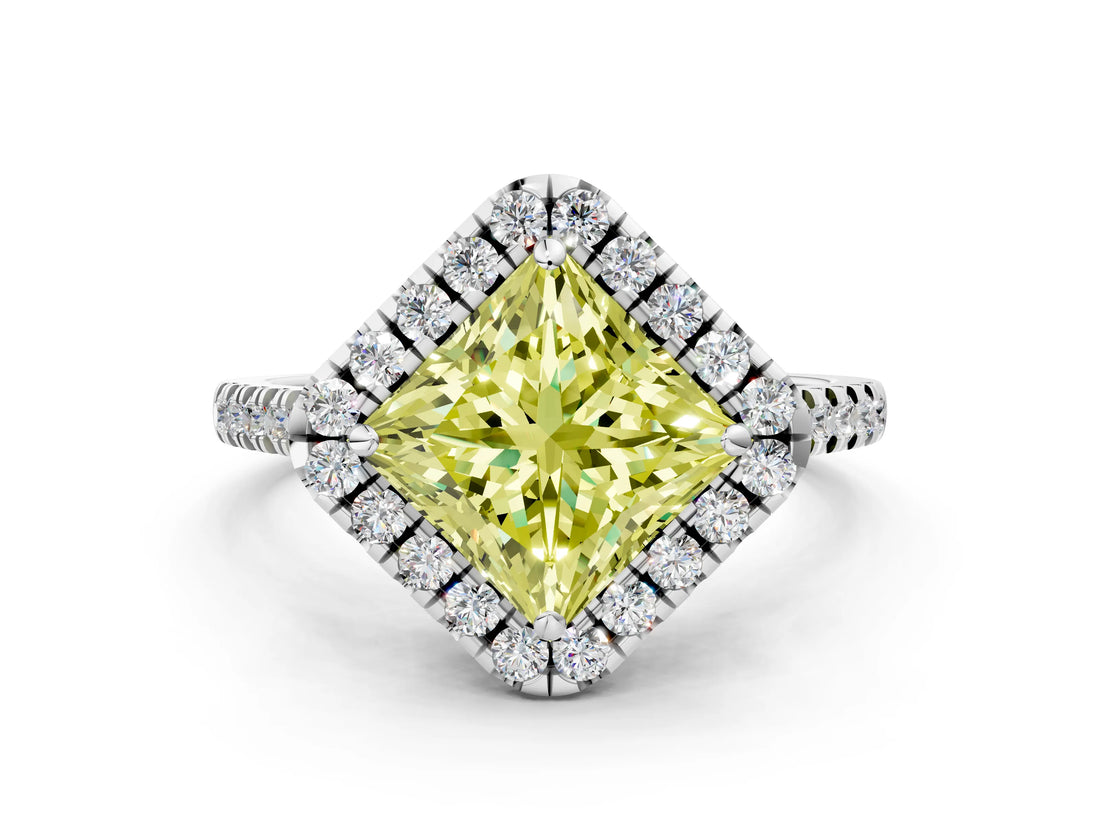 White gold Fancy Yellow Princess Cut Diamond Cushion Halo Ring with Pavé Band