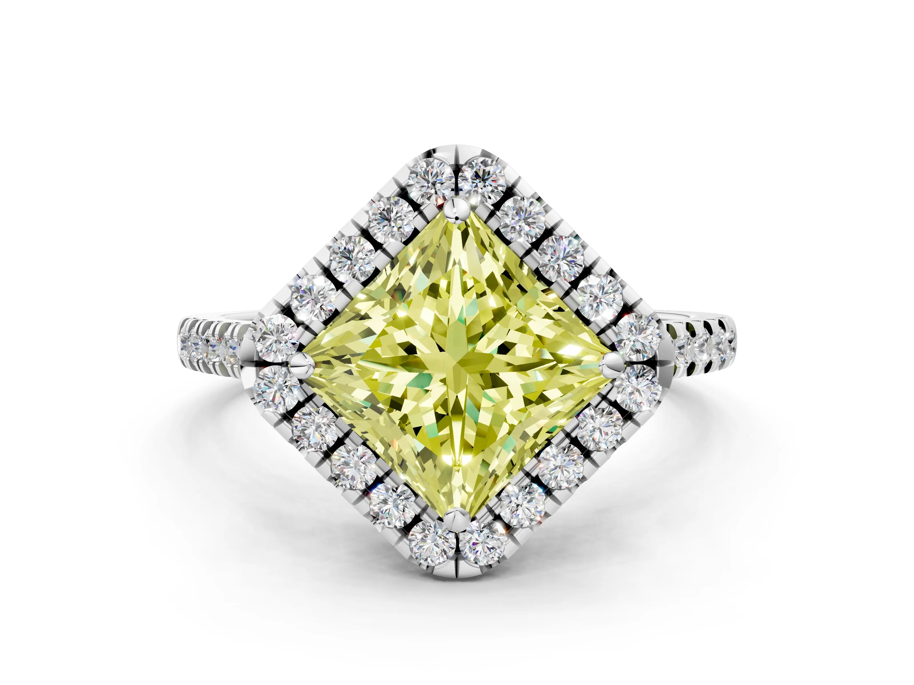 White gold Fancy Yellow Princess Cut Diamond Cushion Halo Ring with Pavé Band_12