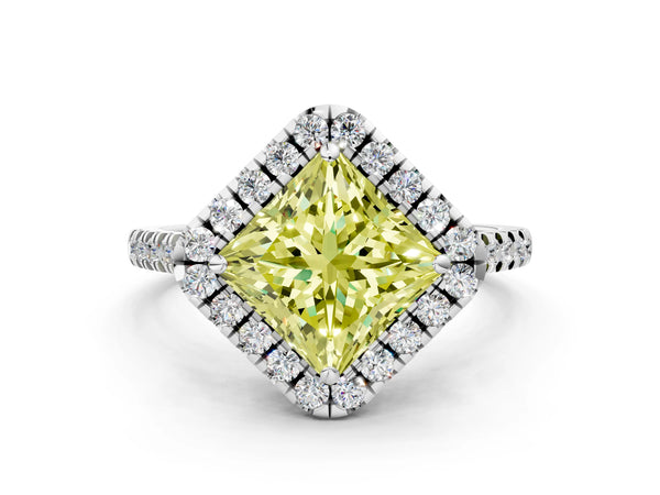 White gold Fancy Yellow Princess Cut Diamond Cushion Halo Ring with Pavé Band