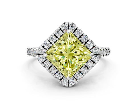 White gold Fancy Yellow Princess Cut Diamond Cushion Halo Ring with Pavé Band_12