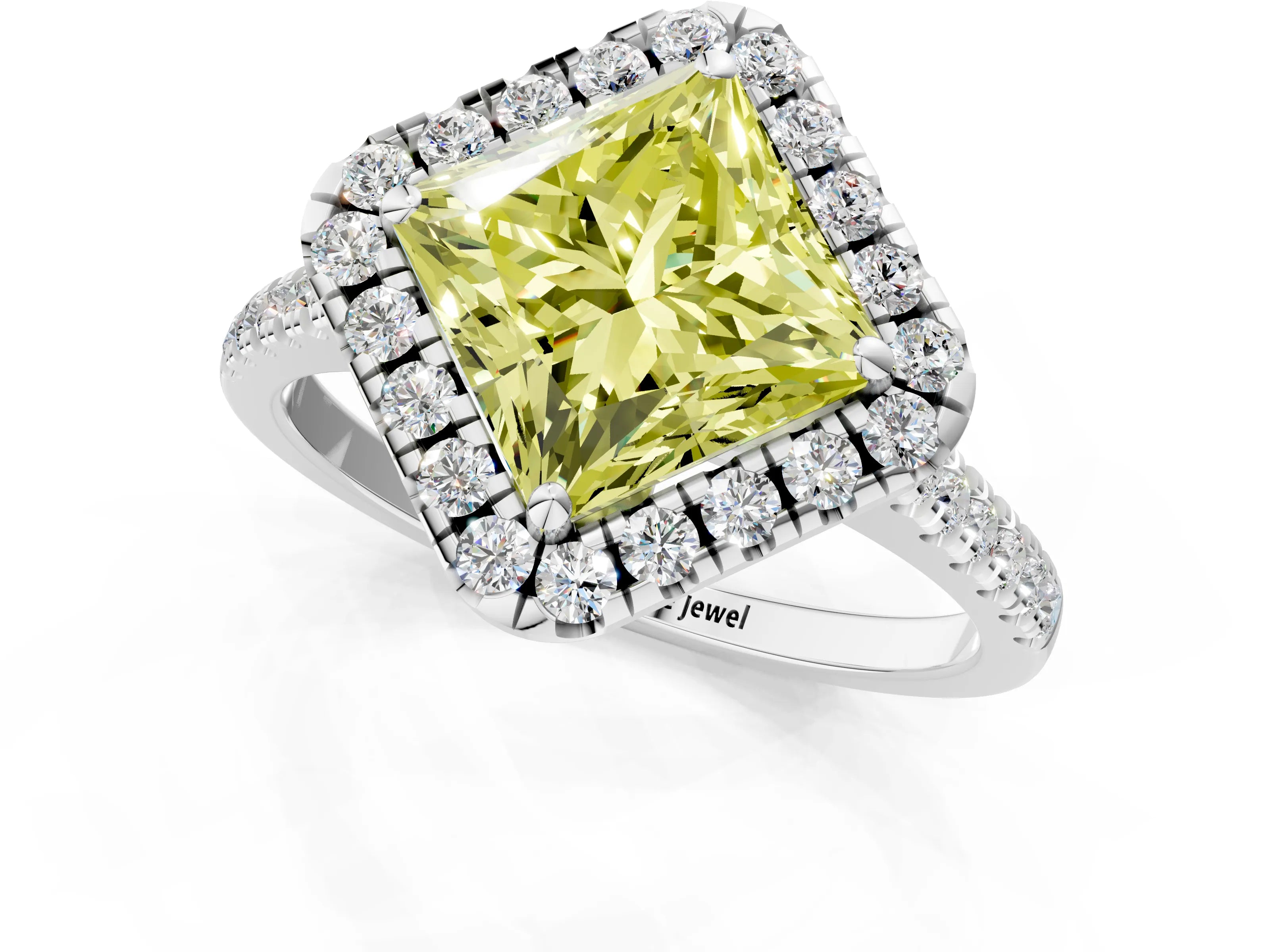 White gold Fancy Yellow Princess Cut Diamond Cushion Halo Ring with Pavé Band_13
