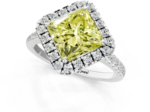 White gold Fancy Yellow Princess Cut Diamond Cushion Halo Ring with Pavé Band