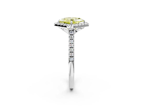White gold Fancy Yellow Princess Cut Diamond Cushion Halo Ring with Pavé Band