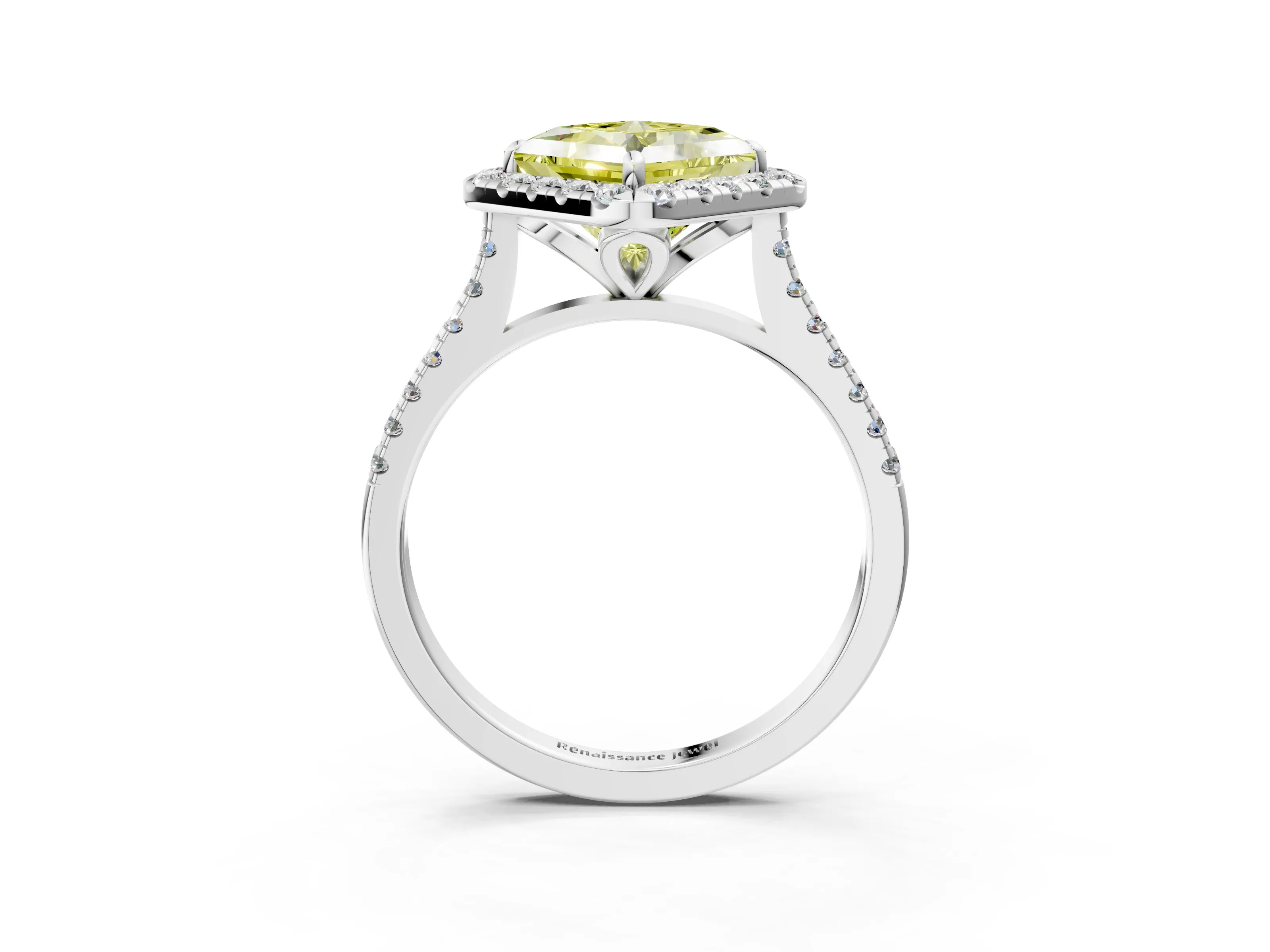 White gold Fancy Yellow Princess Cut Diamond Cushion Halo Ring with Pavé Band_15