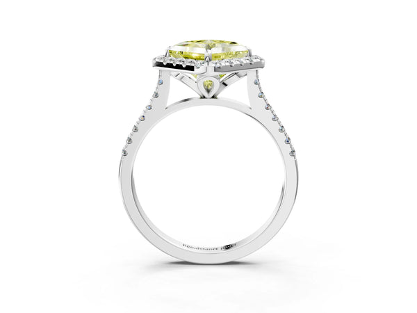 White gold Fancy Yellow Princess Cut Diamond Cushion Halo Ring with Pavé Band