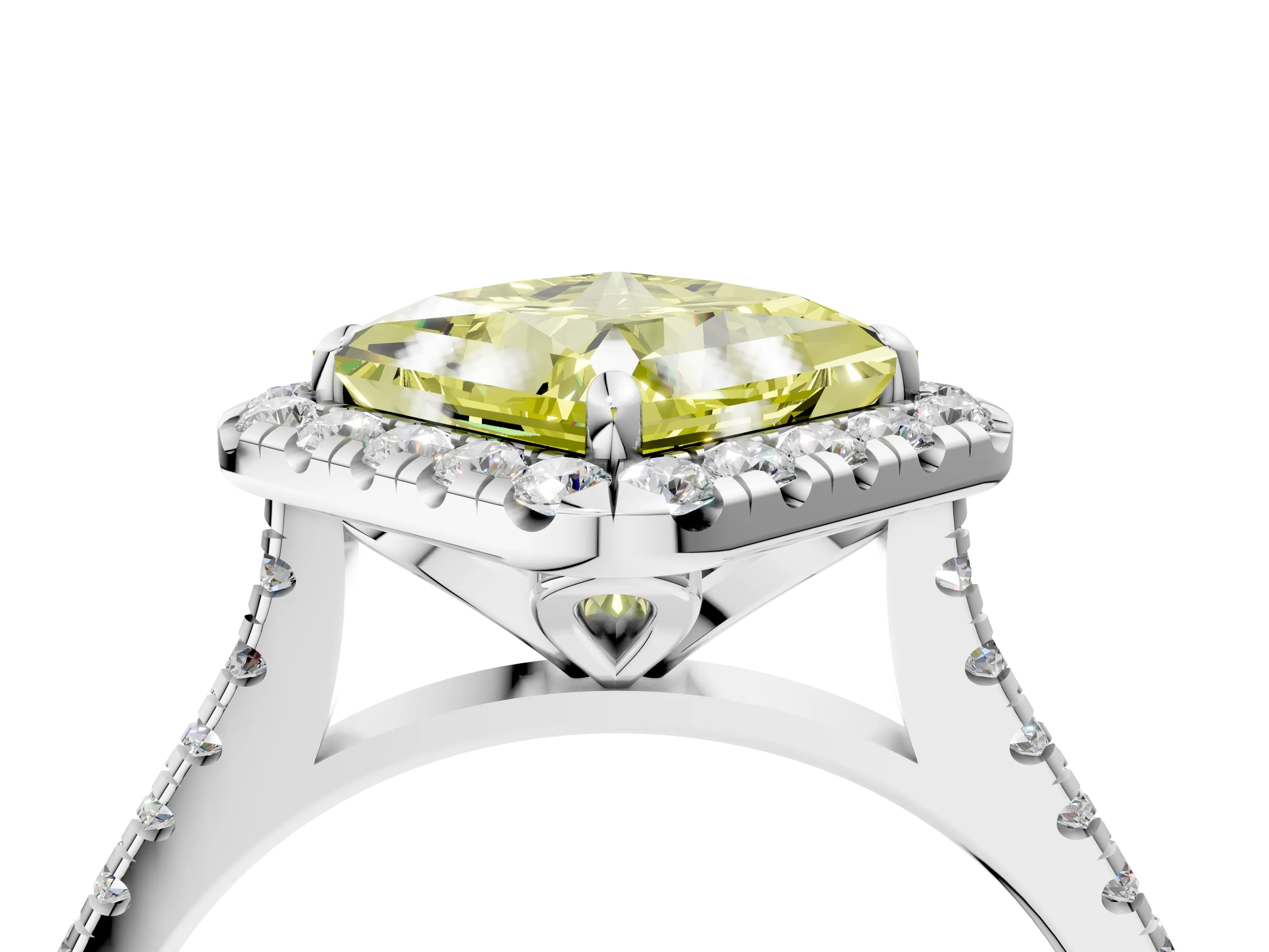 White gold Fancy Yellow Princess Cut Diamond Cushion Halo Ring with Pavé Band_16