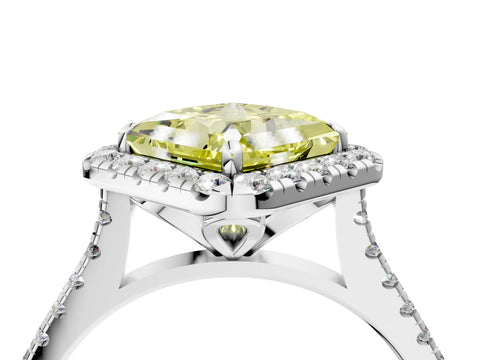 White gold Fancy Yellow Princess Cut Diamond Cushion Halo Ring with Pavé Band_16