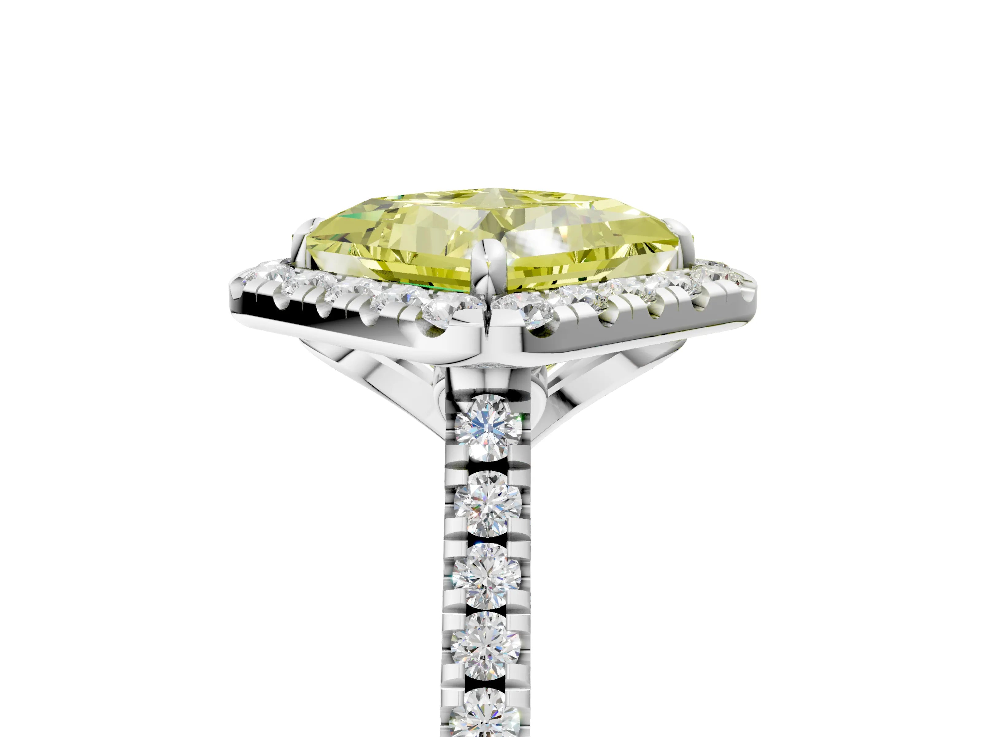 White gold Fancy Yellow Princess Cut Diamond Cushion Halo Ring with Pavé Band_17