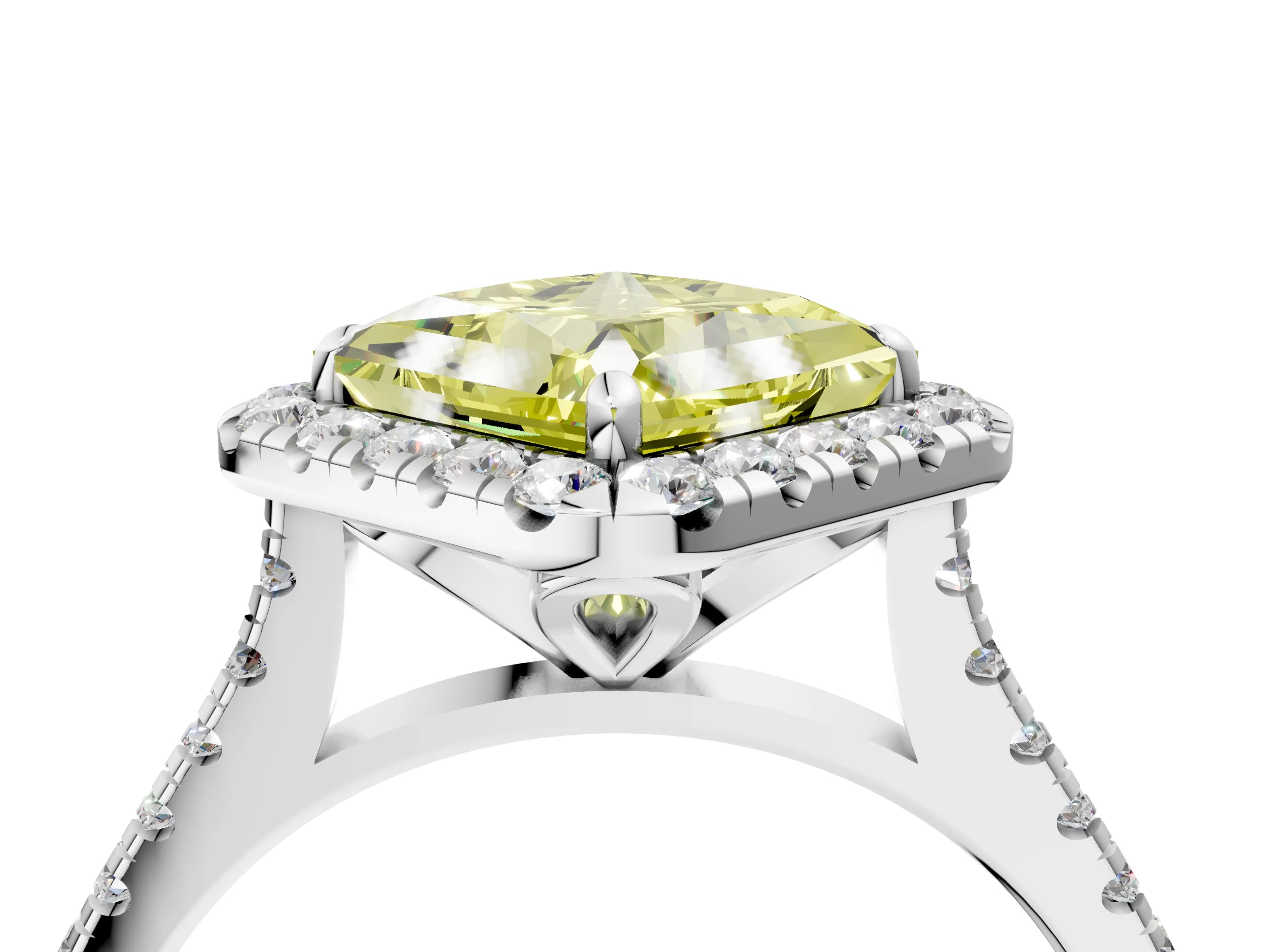 White gold Fancy Yellow Princess Cut Diamond Cushion Halo Ring with Pavé Band_4