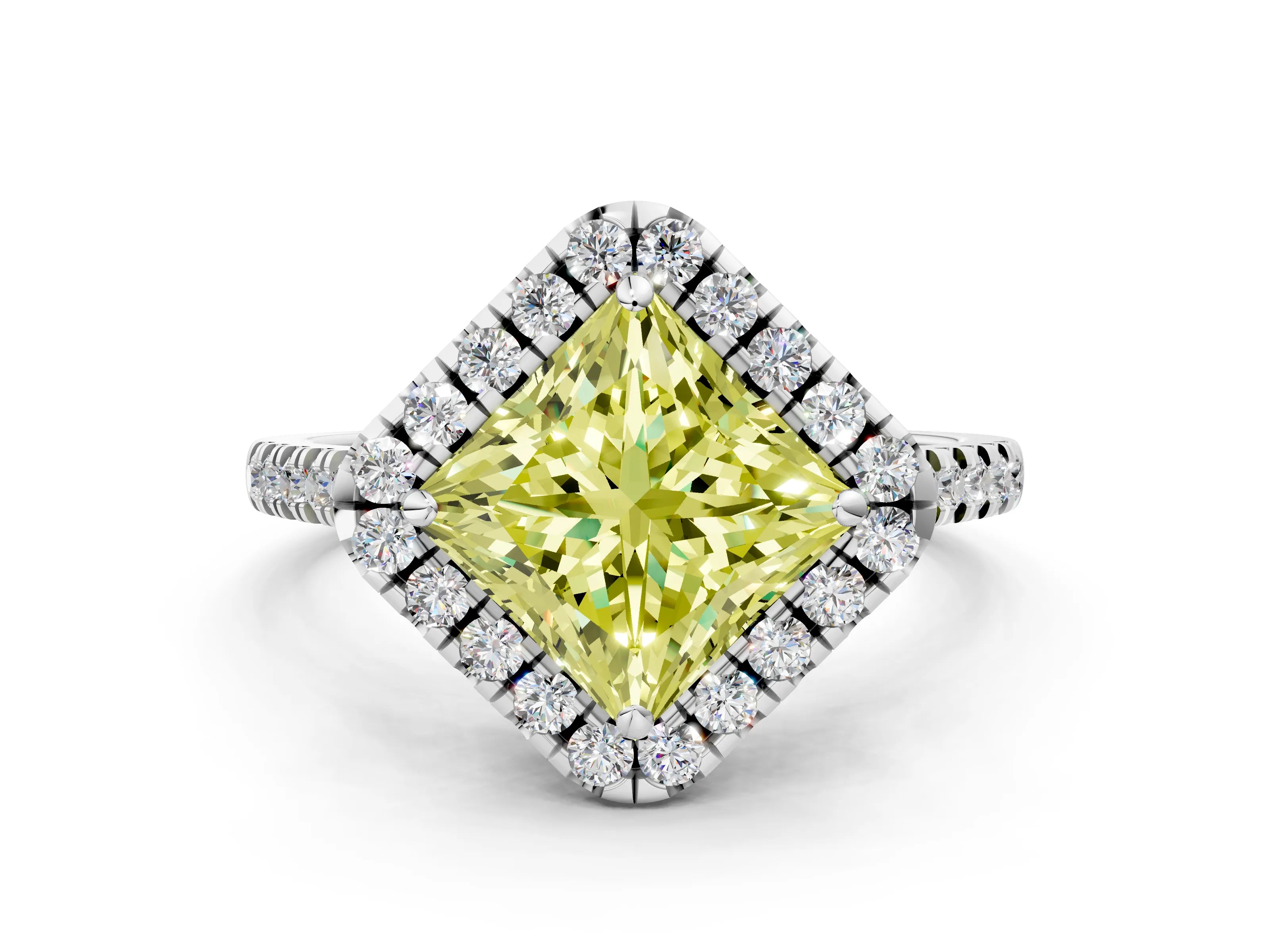 White gold Fancy Yellow Princess Cut Diamond Cushion Halo Ring with Pavé Band
