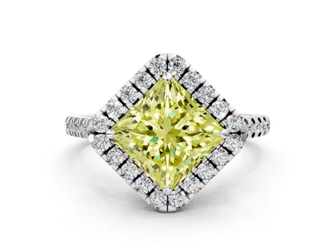 White gold Fancy Yellow Princess Cut Diamond Cushion Halo Ring with Pavé Band