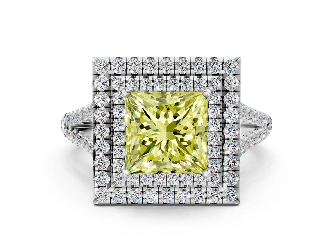 White gold Fancy Yellow Princess Cut Diamond Double Halo Ring with Pavé Band and Prong Setting_47