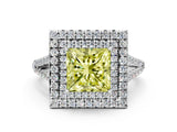 White gold Fancy Yellow Princess Cut Diamond Double Halo Ring with Pavé Band and Prong Setting_51