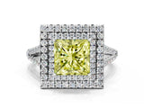 White gold Fancy Yellow Princess Cut Diamond Double Halo Ring with Pavé Band and Prong Setting_64