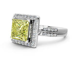 White gold Fancy Yellow Princess Cut Diamond Double Halo Ring with Split Shank and Four-Prong Setting_12