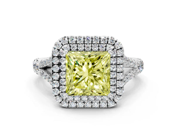 White gold Fancy Yellow Princess Cut Diamond Double Halo Ring with Split Shank and Prong Setting